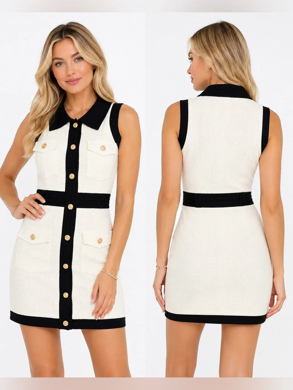 Black & Ivory Gold Button Sleeveless Knit Mini Dress XS